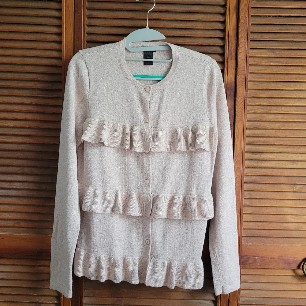 Ann Taylor palepink gold shimmer ruffle cardigan - Picture 1 of 6